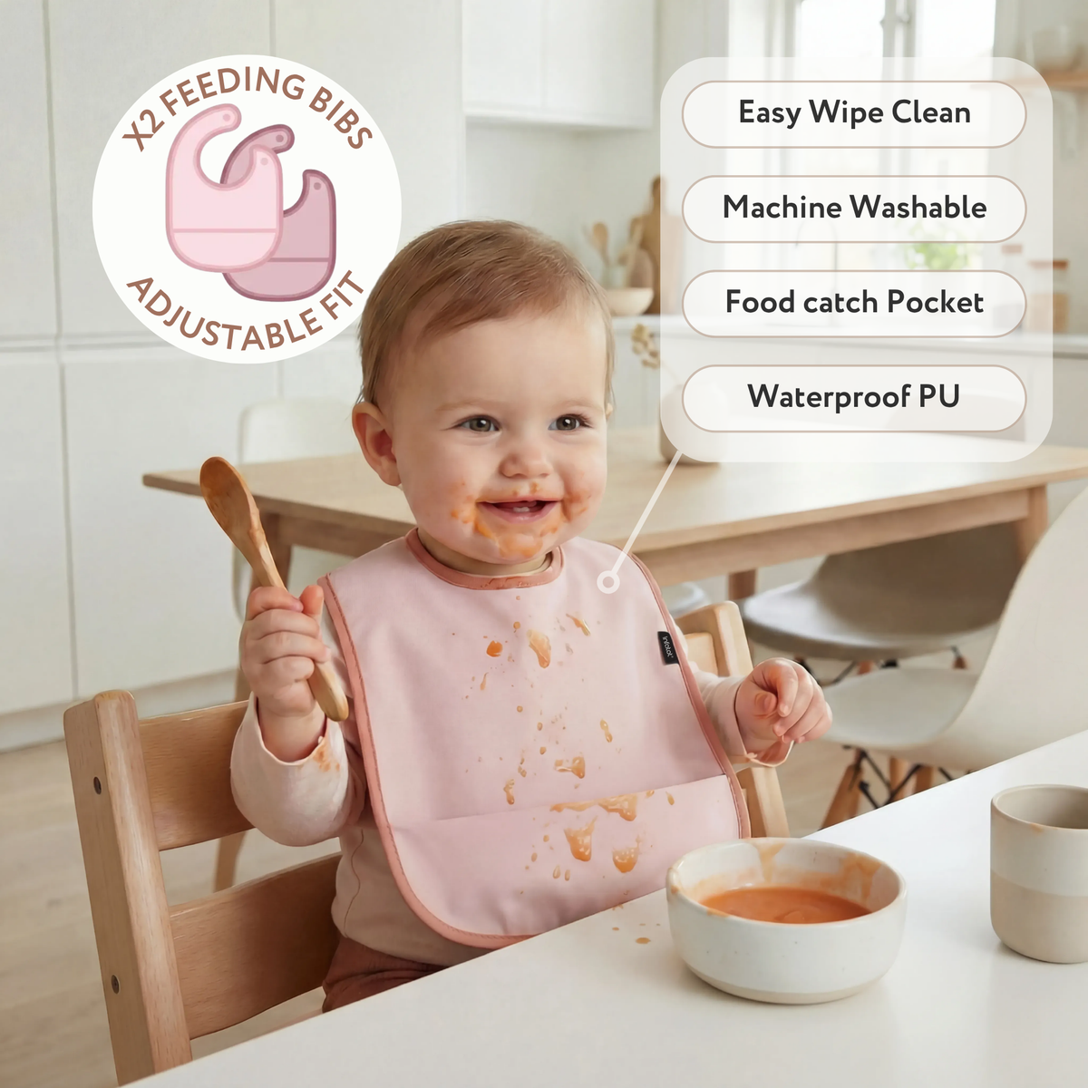 Baby eating in a highchair while wearing a pink pocket feeding bib