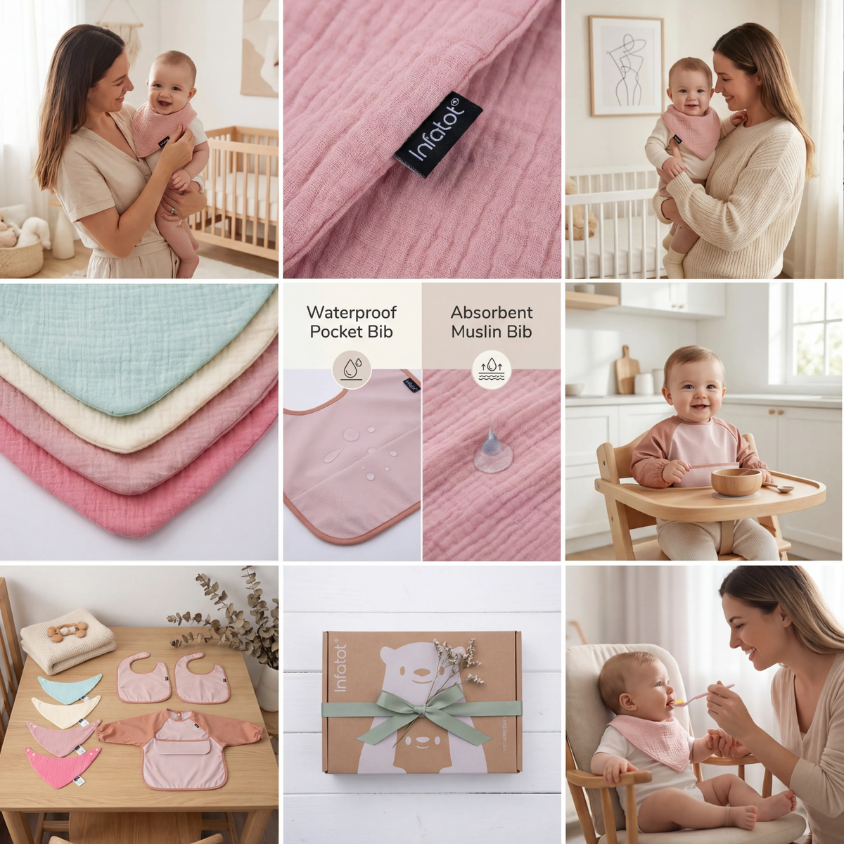 Blush bib-set collage showing muslin fabric, feeding bib pockets, coverall and gift packaging