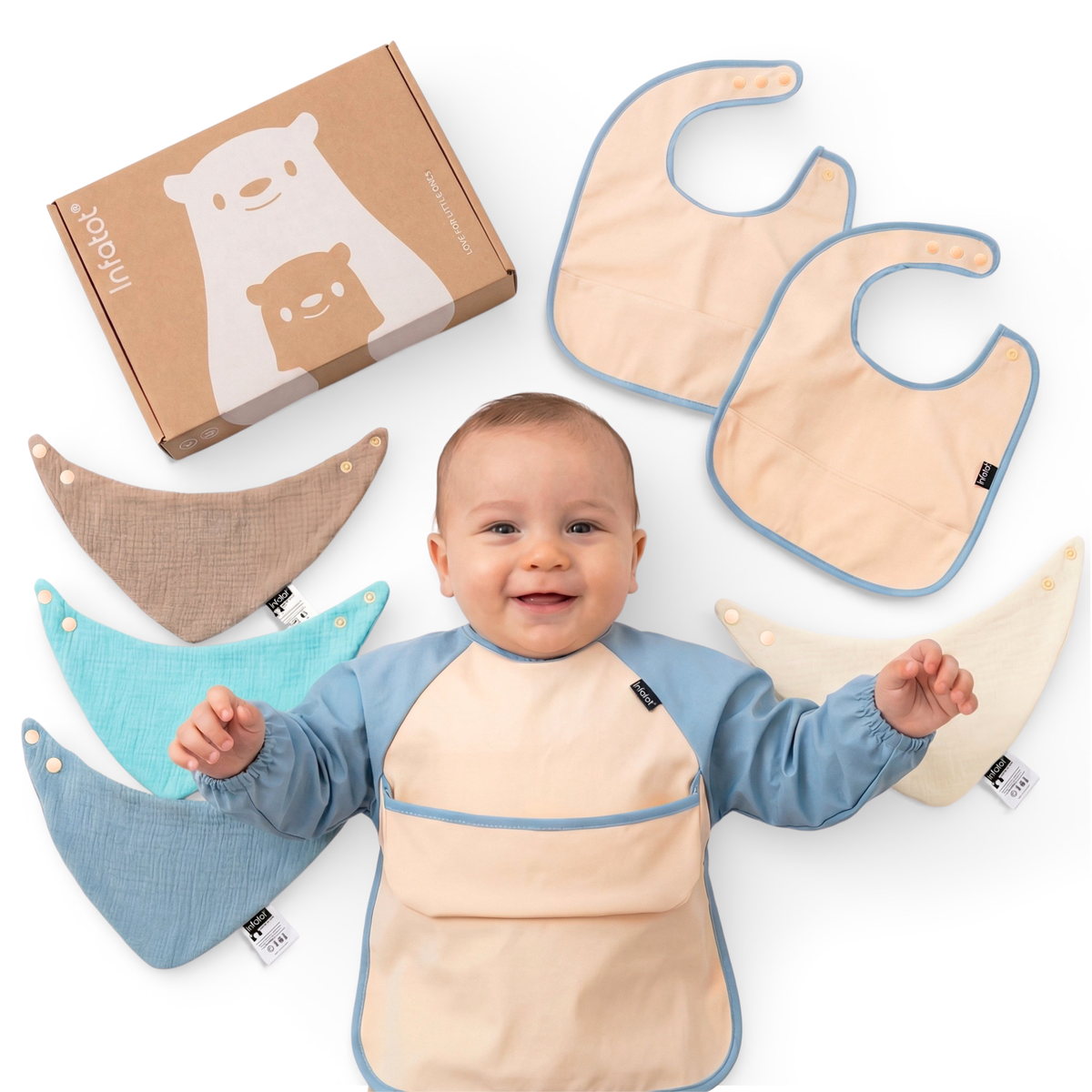 Baby Blue seven-piece bib set with coverall, muslin bibs, feeding bibs and Infatot gift box