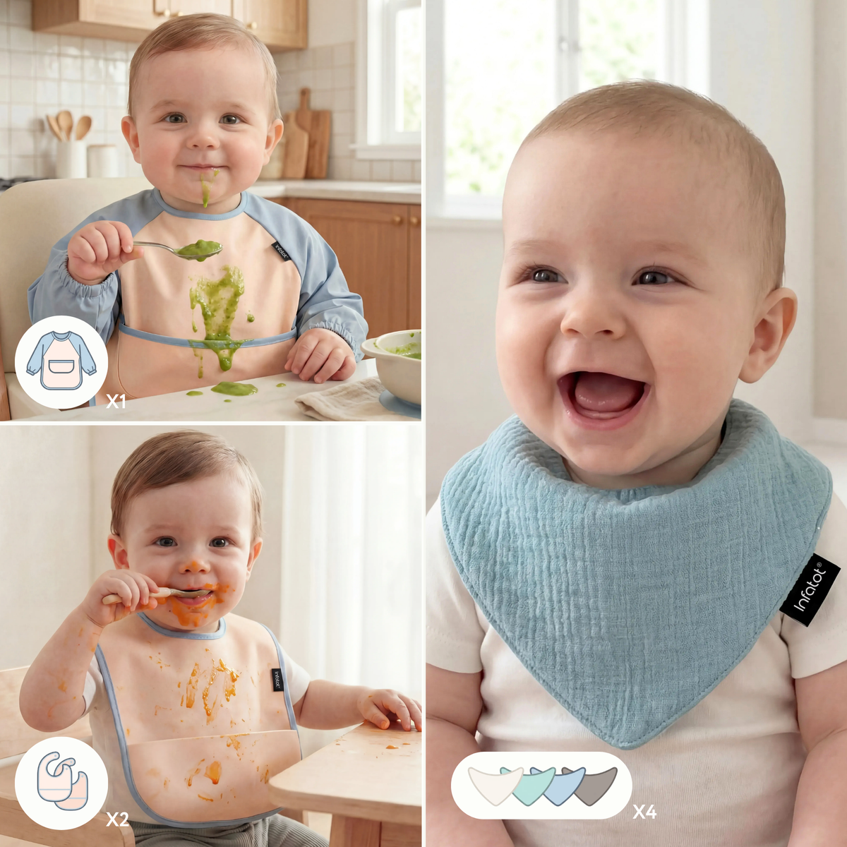 Babies wearing the Baby Blue set's coverall, muslin dribble bib and feeding bib