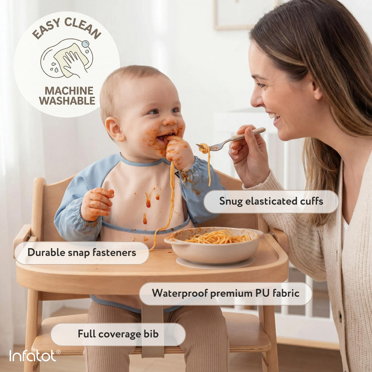 Parent feeding a baby wearing the blue-trimmed coverall, with cuffs, snaps and fabric highlighted