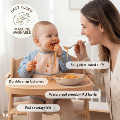 Parent feeding a baby wearing the blue-trimmed coverall, with cuffs, snaps and fabric highlighted