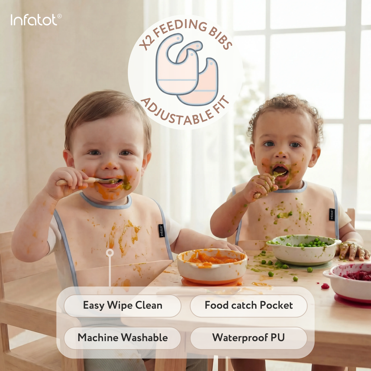 Two babies eating while wearing adjustable pocket feeding bibs with blue trim