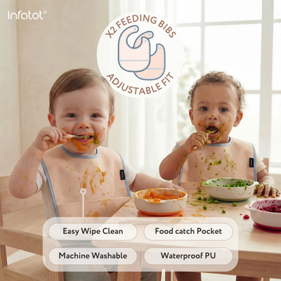 Two babies eating while wearing adjustable pocket feeding bibs with blue trim