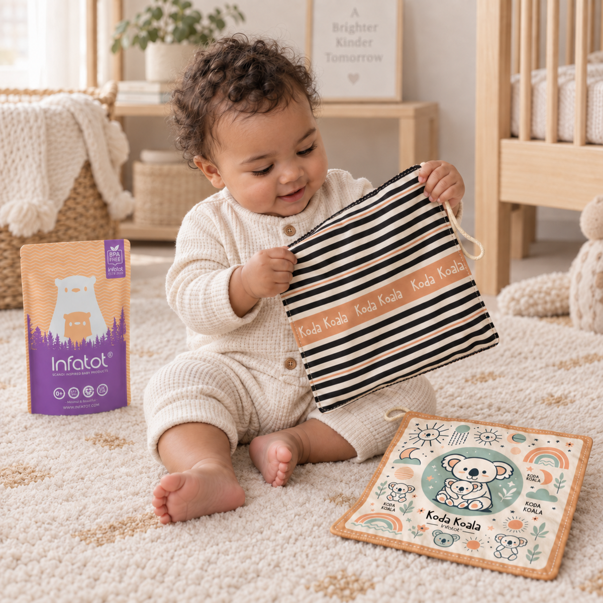 Baby holding a Caramel Koda Koala crinkle sheet with striped fabric and brown edging