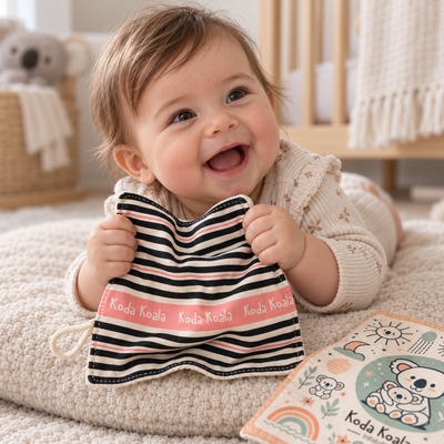 Smiling baby scrunching a pink-edged Koda Koala crinkle sheet