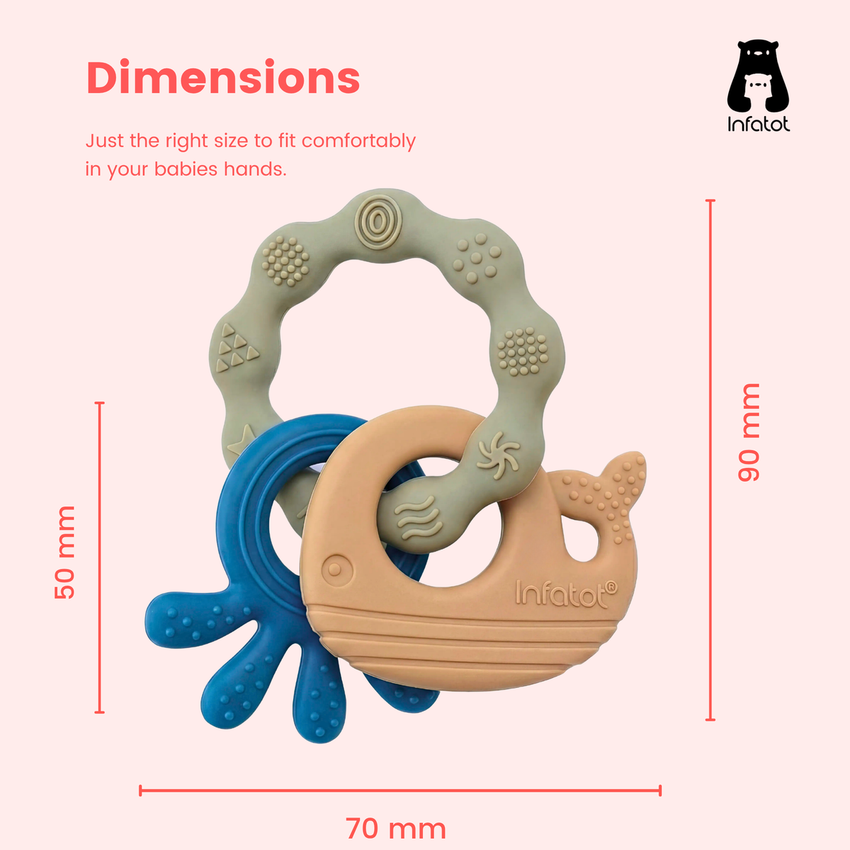 Cobalt and Beige MultiTexture Sea Teether with measurements for its width, height and whale-shaped section