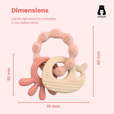 MultiTexture Sea Teether dimension diagram showing a 70 mm width, 90 mm height and 50 mm whale section