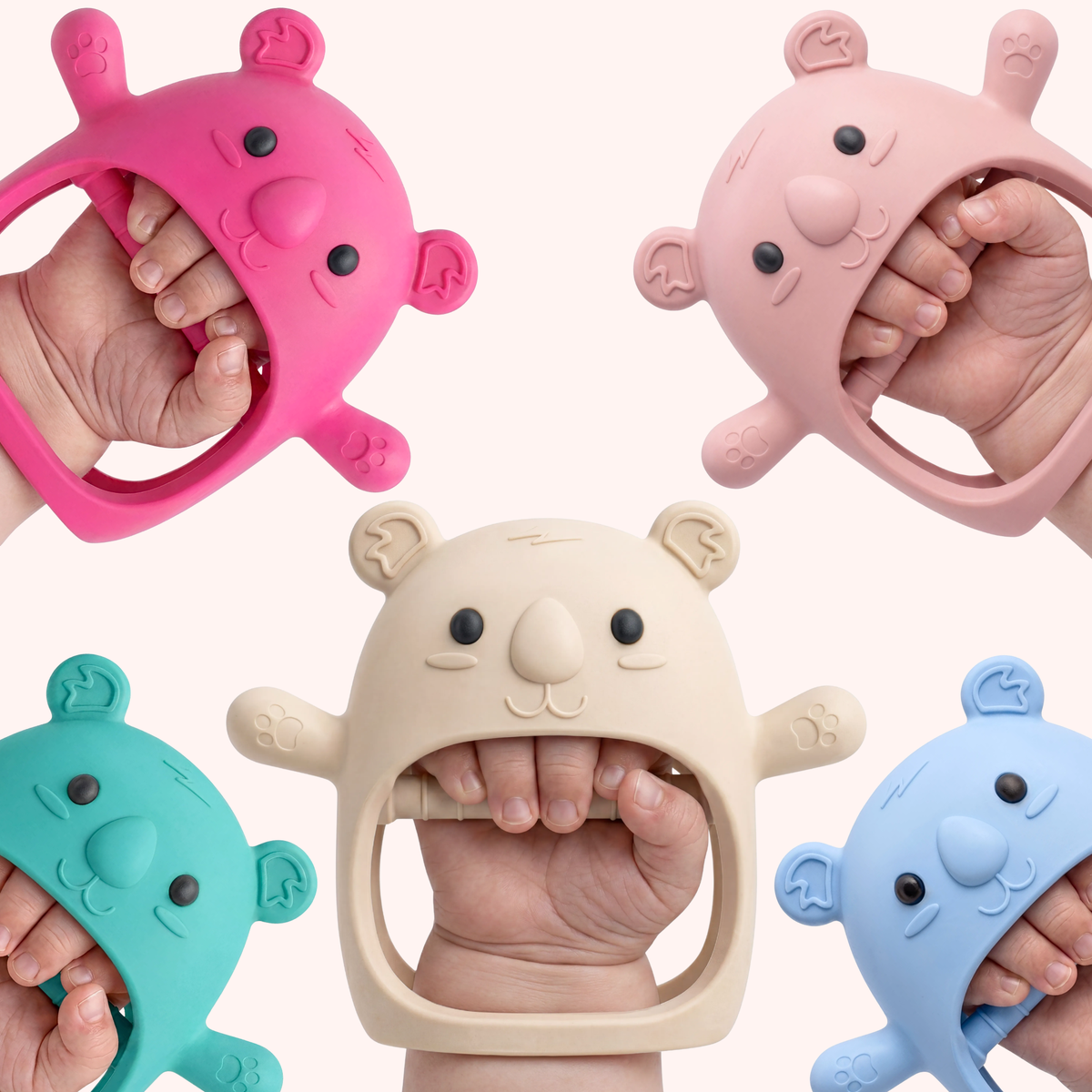 Koda Koala teething mittens shown on hands in Pink, Plum, Cream, Teal and Baby Blue