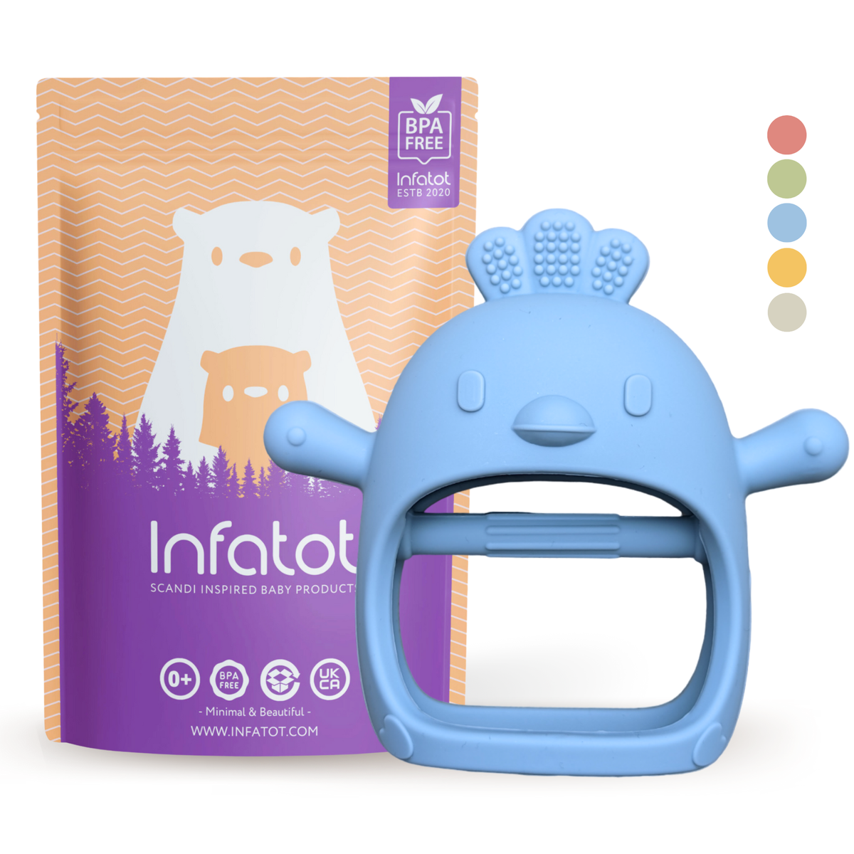 Infatot Chicken Teething Mitten in blue, with colour options shown