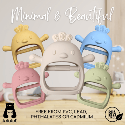 Infographic: Infatot Chicken Teething Mitten shown in five colours - yellow, cream, blue, pink and green, free from PVC, lead, phthalates and cadmium