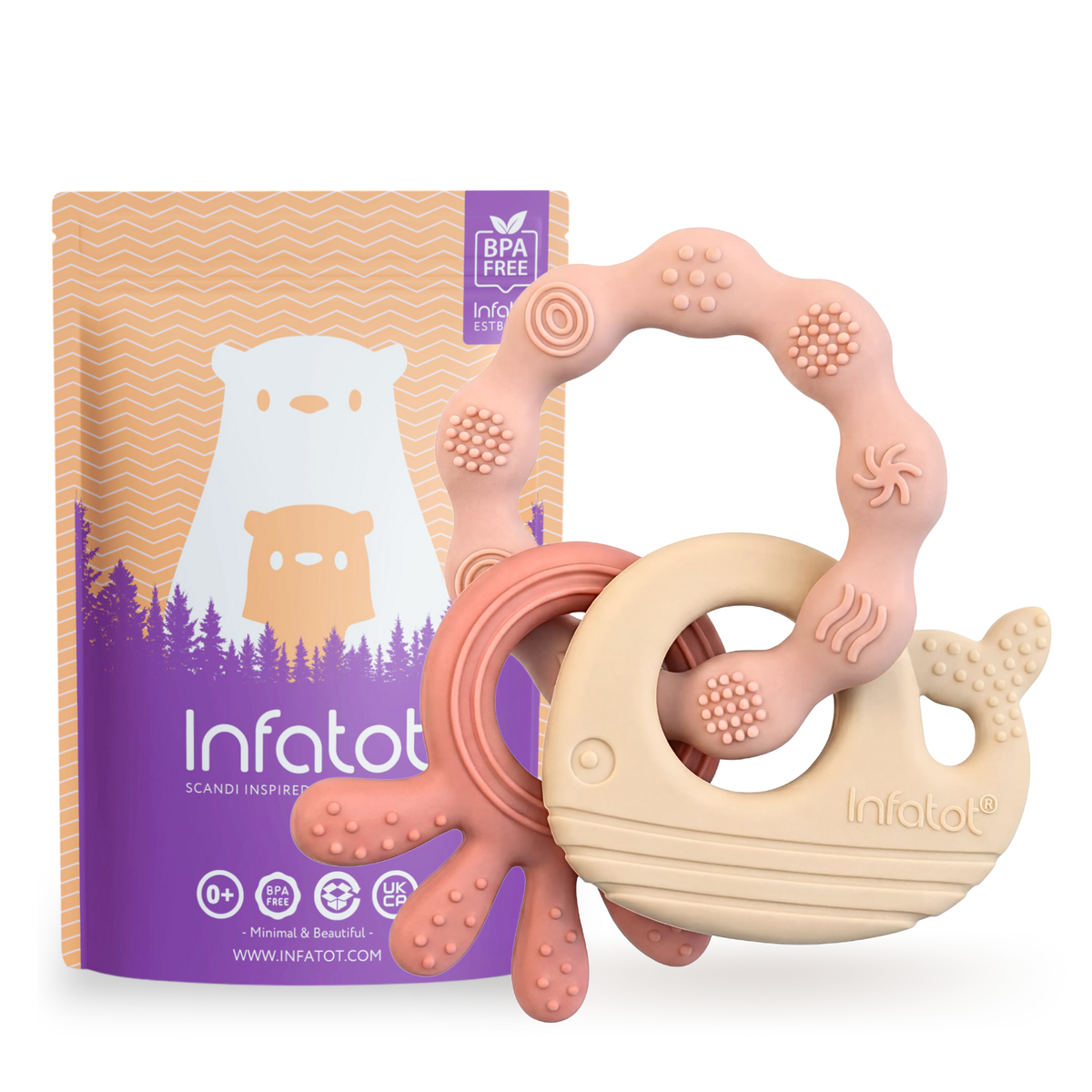 Plum and Milk MultiTexture Sea Teether displayed with Infatot packaging