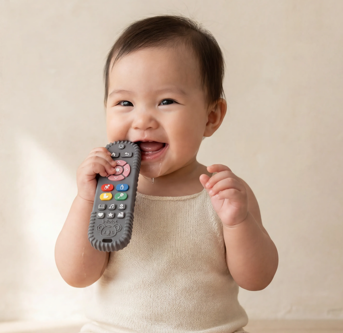 Baby chewing an Infatot remote-shaped teether