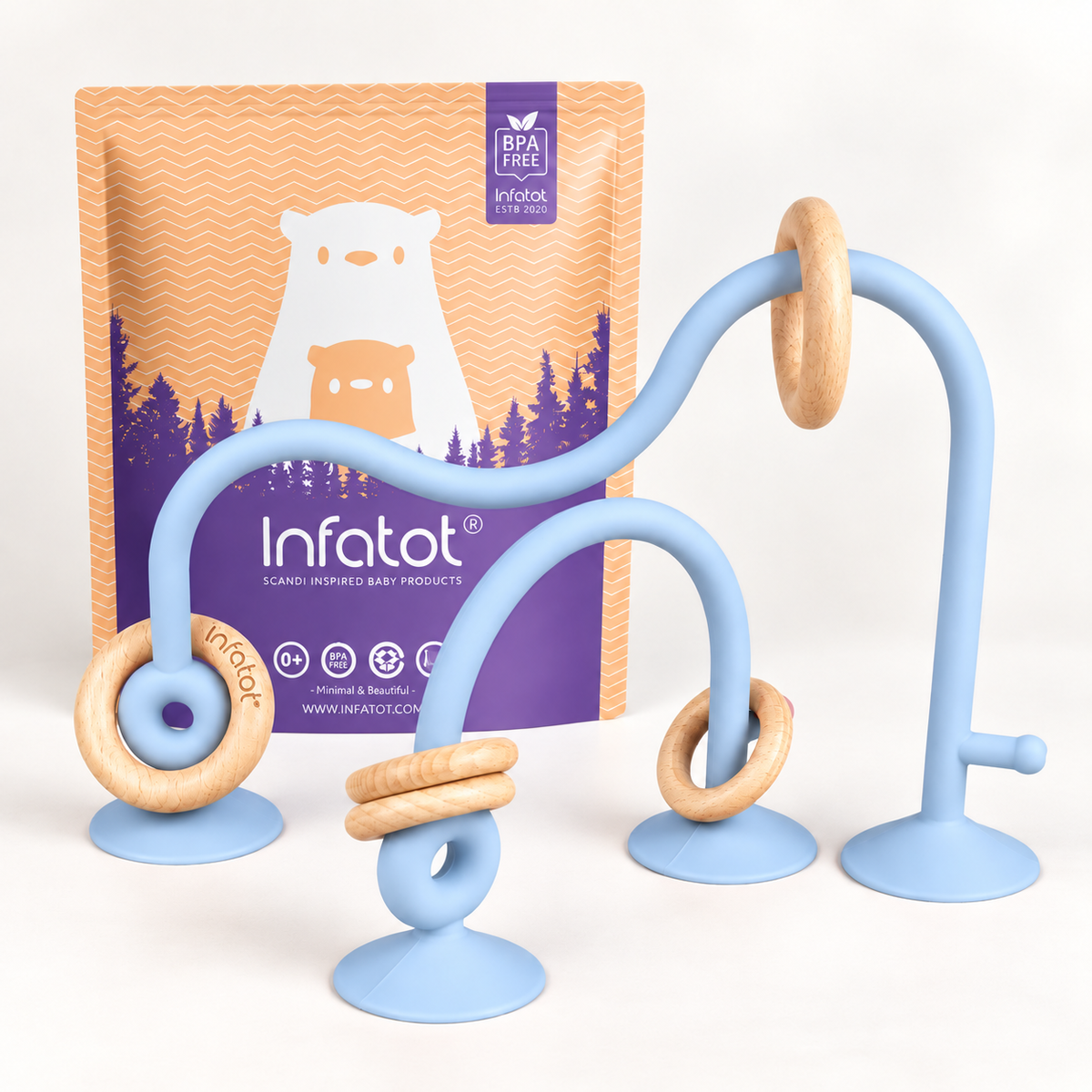 Baby Blue Infatot suction toy with looping arms, wooden rings and packaging