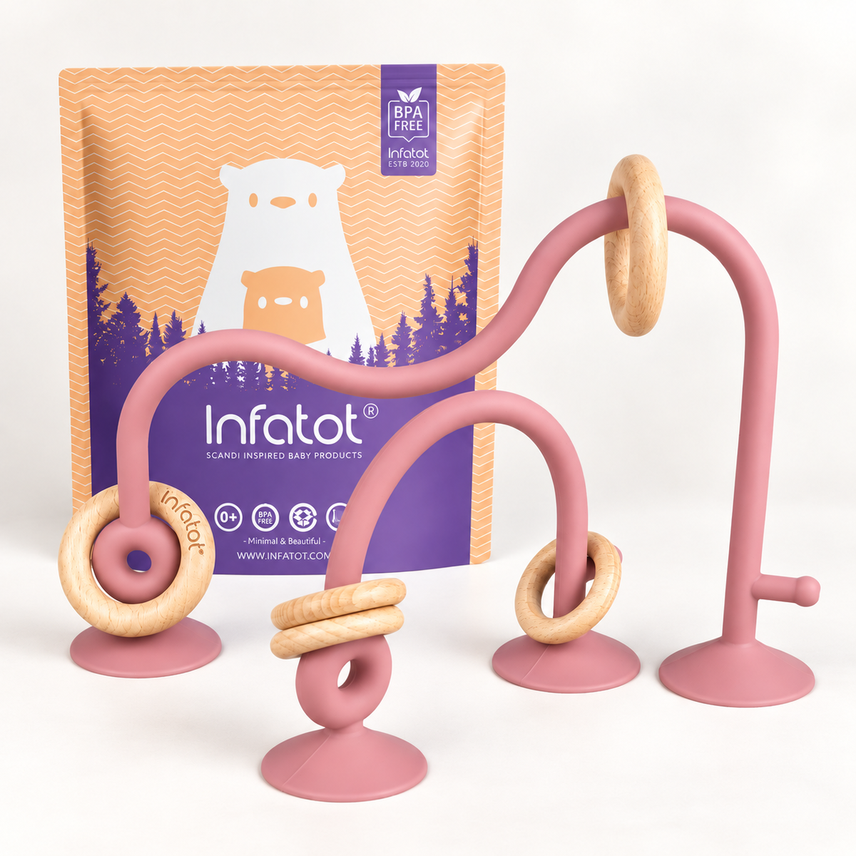 Plum Infatot suction toy with looping arms, wooden rings and packaging