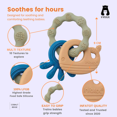 Cobalt and Beige MultiTexture Sea Teether diagram highlighting the ring and textured sea-creature shapes