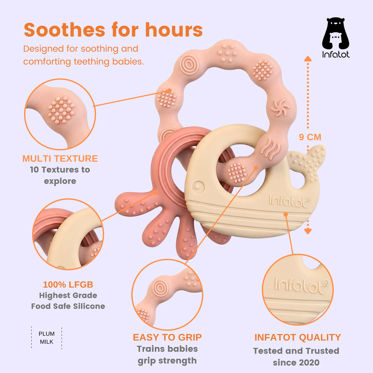 MultiTexture Sea Teether diagram showing the textured ring, octopus, whale and wooden ring