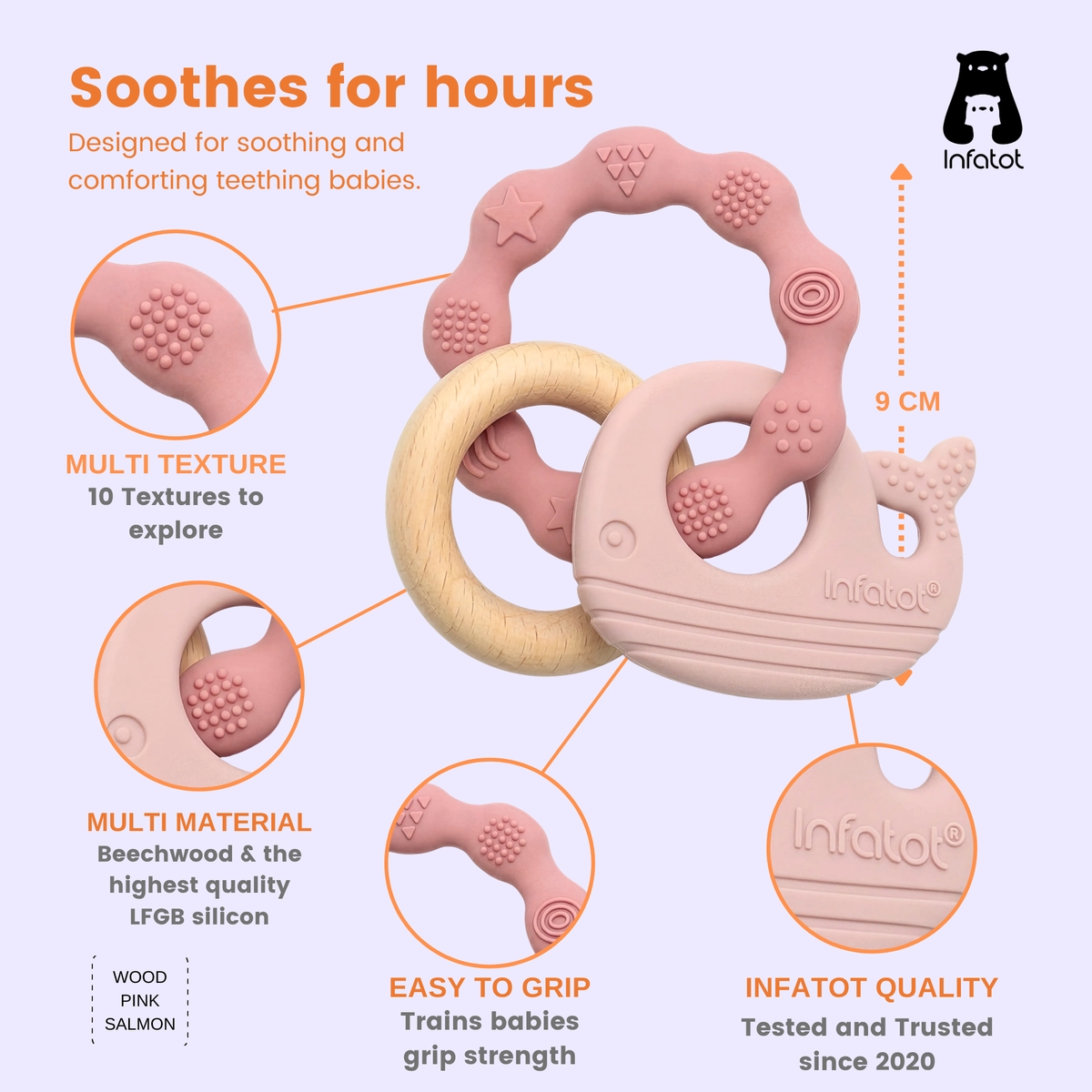 Pink MultiTexture Sea Teether diagram showing its textured silicone shapes and wooden ring
