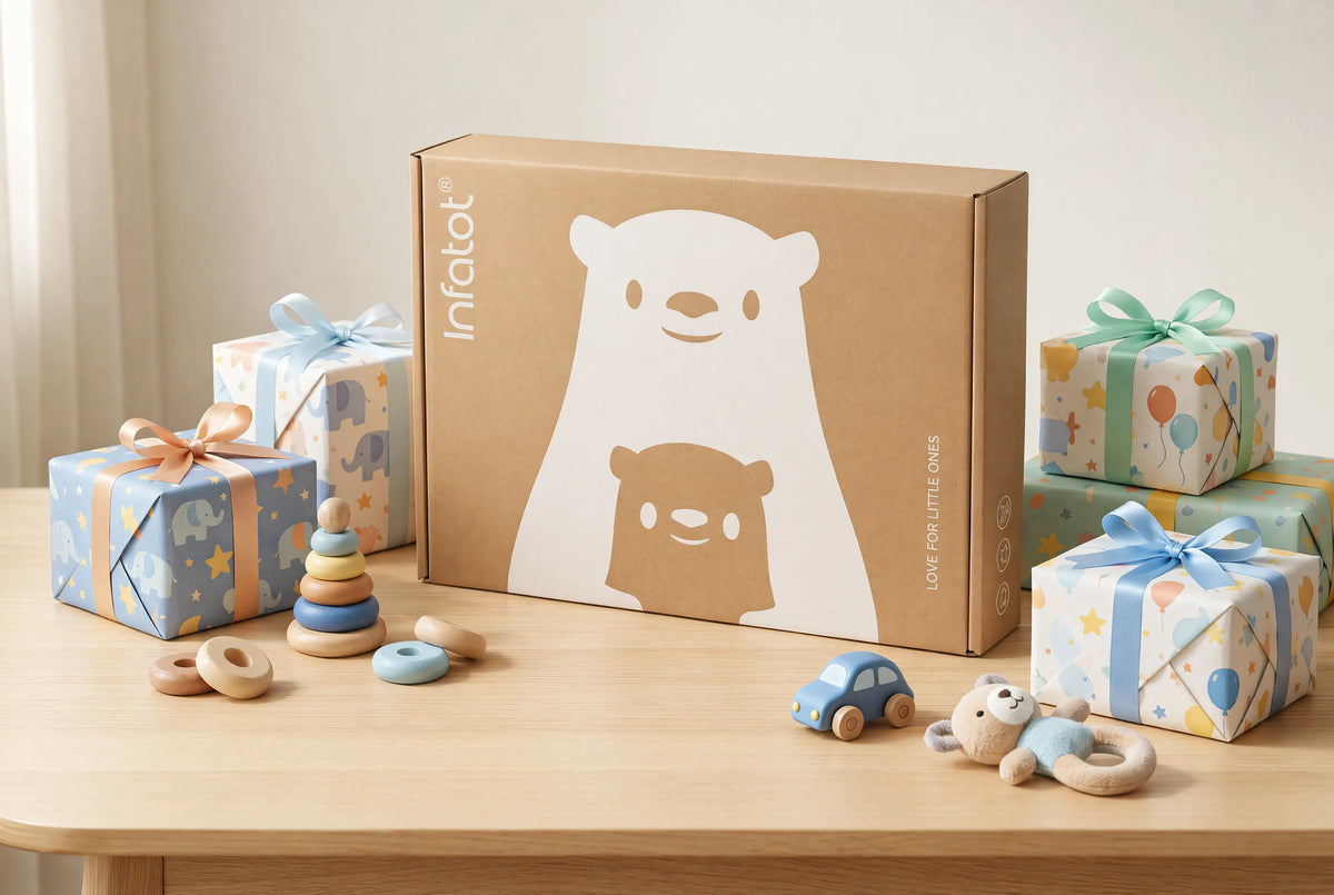 Infatot gift box displayed with wrapped presents and wooden toys