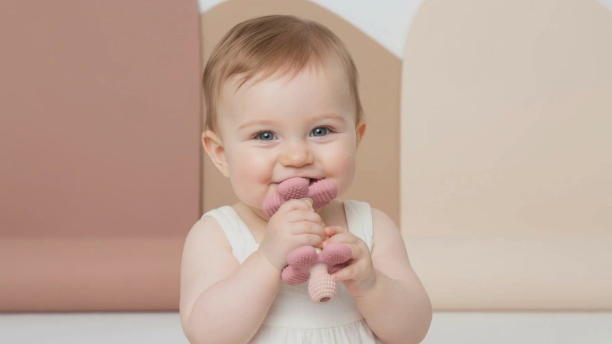 Load video: Infatot Barbell Buddy silicone baby teether